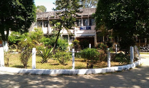 Older Cotton Collegiate campus building seen behind trees and a fenced garden area in daylight.